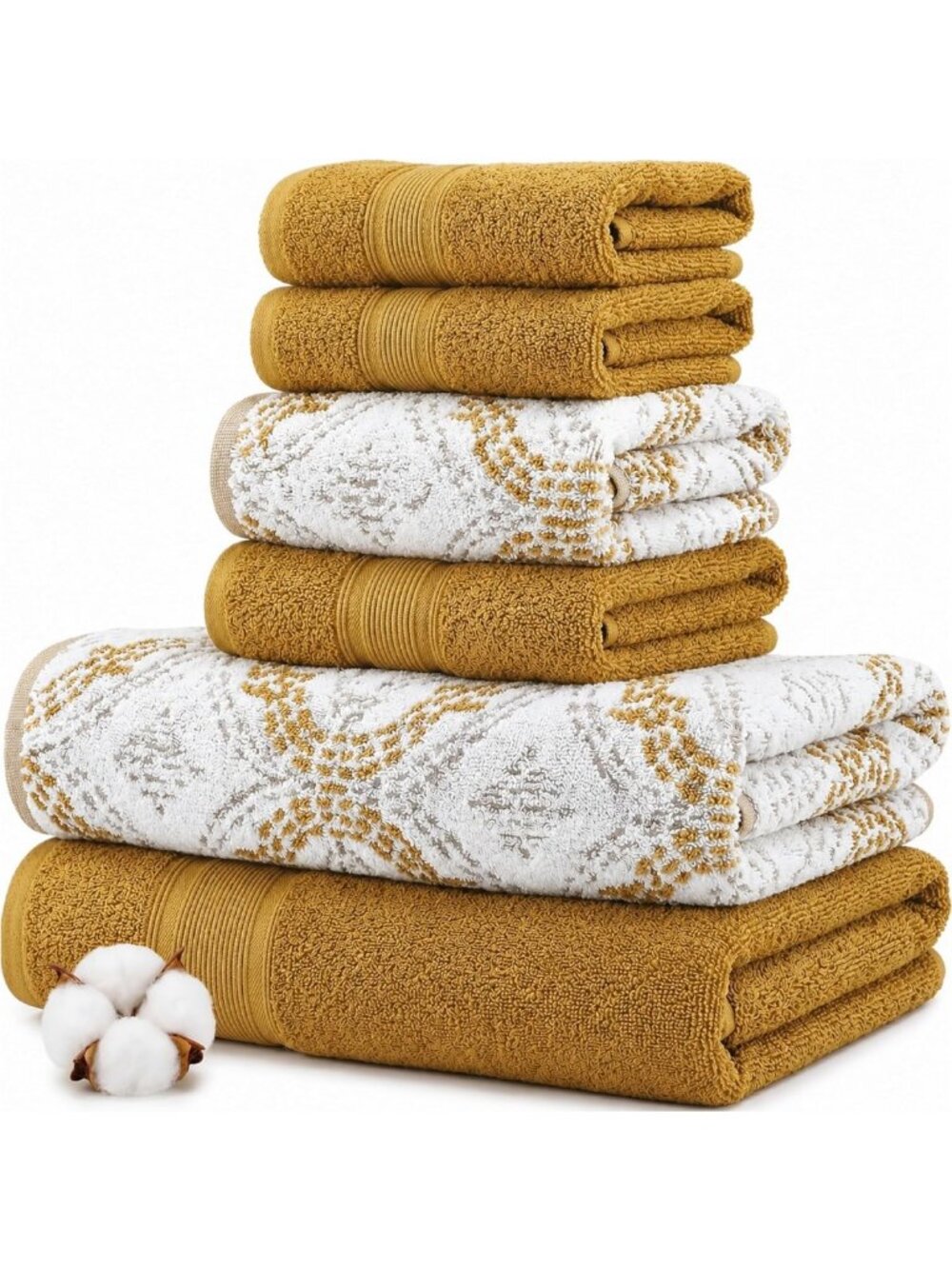 Reversible 6-Piece Jacquard Towel Set - Super Absorbent Bath & Hand Towels, Gold